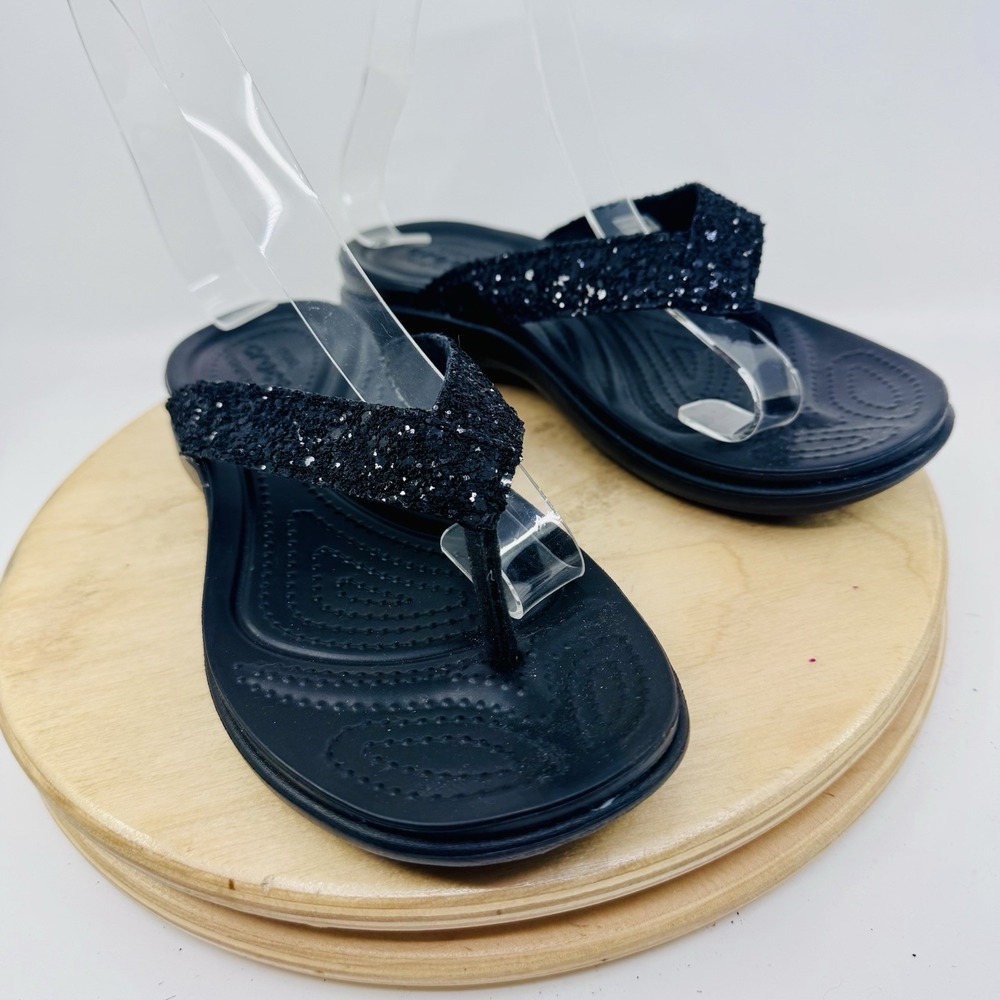 Crocs Capri V Glitter Flip Flops Womens 5 Black Sparkle Sandals NEW Thong Shoes